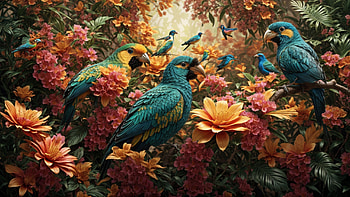 Colorful Birds, bird, colorful, flower, jungle, tree HD wallpaper