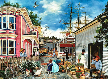 Seacove Village F1, architecture, seacove, art, cityscape, artwork, tall ship, scenery, wide screen, painting, village HD wallpaper