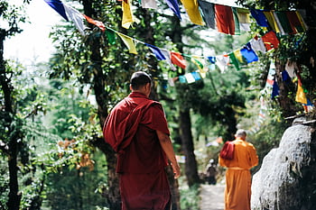 Buddhist monks walking under vibrant prayer flags in a serene forest in Nepal. HD wallpaper