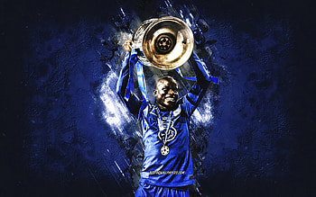 NGolo Kante, Chelsea FC, Champions League Cup, French footballer, portrait, football, blue stone background, grunge art HD wallpaper
