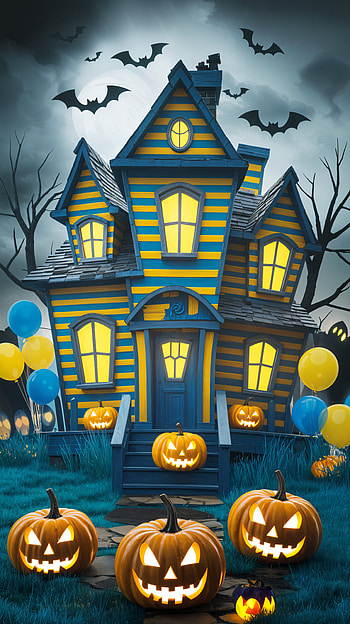 spooky, haunted house, halloween, pumpkin, bat HD phone wallpaper