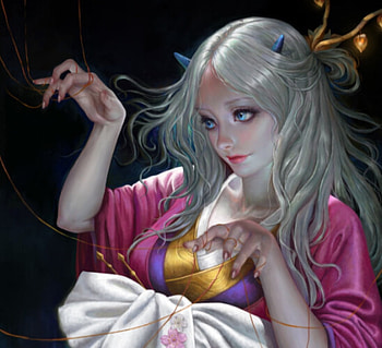 Fantasy girl, frumusete, horns, art, girl, demon, dun poe, hand, puppeteer, pink, dunpoe, luminos HD wallpaper