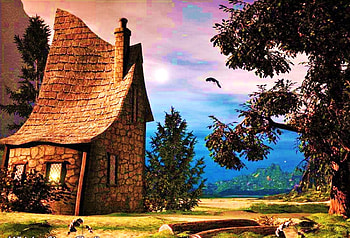 Silent Hollow, blue, bird, imagination, clouds, trees, sky, cottage HD wallpaper