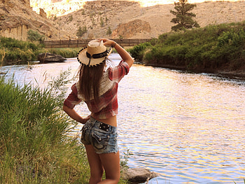 RuningWater, river, cowgirl, hat, shorts HD wallpaper