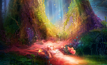 Sleeping Child, colorful, fantasy, girl, elf, forest HD wallpaper