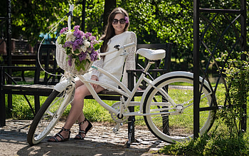 Girl and Bicycle, bench, bicycle, sunglasses, smile, lilacs, girl HD wallpaper