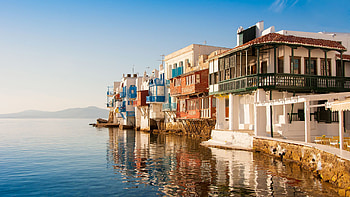 Colorful Houses On River Side Blue Sky Background Reflection Greece Travel HD wallpaper