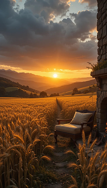 A simple bedroom chair with a Golden wheat field at sunset, vast expanse of ripe wheat stalks, field, mountain, sun, wheat HD phone wallpaper