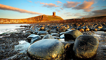 dunstanburgh castle on english rocky shore, sea, shore, ruins, castle, hill, stones HD wallpaper