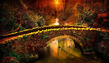 red sunset, bridge, river, forest, sunset HD wallpaper