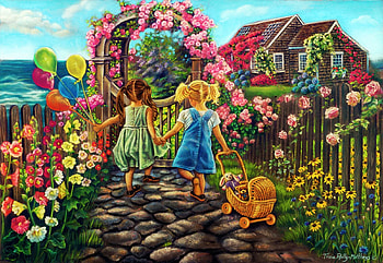 Forever Friends, garden, children, flowers, house, painting HD wallpaper