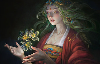 Hope flowers, kimono, frumusete, asian, art, gorgeous, girl, hand, dark, superb, fantasy, yellow, red, flower, hope, luminos, turangga lazuardi HD wallpaper