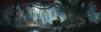 Wolves of the North, art, man, wolf, tree, mist, north, fantasy, cristi b, luminos, game of thrones HD wallpaper