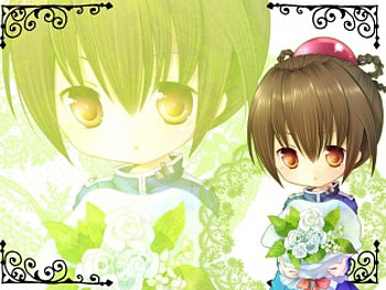 Chibi, bouquet, cute, floral, adore, kawaii, anime, boy, flower, green, short hair, brown hair, adorable, guy, male HD wallpaper