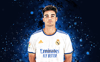 Miguel Gutierrez, , 2021, Real Madrid FC, spanish footballers, La Liga, Miguel Gutierrez Ortega, blue neon lights, soccer, football, Real Madrid CF, LaLiga, Miguel Gutierrez , Miguel Gutierrez Real Madrid HD wallpaper