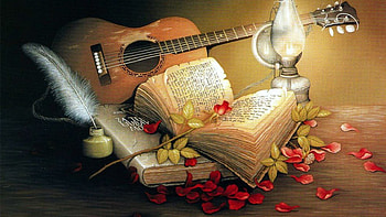 Love, guitar, book, backgrounds, lamp HD wallpaper