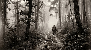 Solitary Path: Misty Forest Trail —, Hiker, Fog HD wallpaper