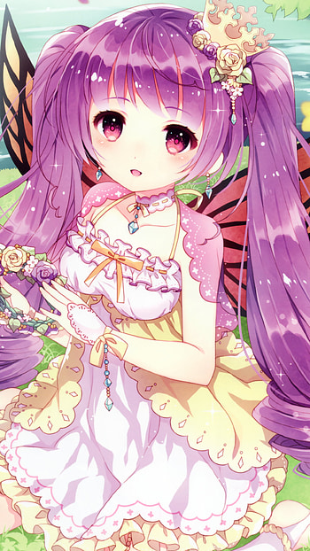 long hair, blush, earrings, pink eyes, crown, wings, smile, purple hair, twintails, Anime, Original HD phone wallpaper