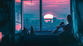 Girl Glass Door Cat Moon Buildings Minimalism Vaporwave Vaporwave HD wallpaper
