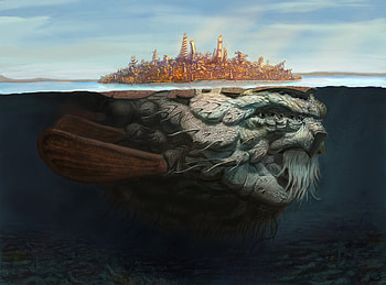 UNDERWATER ATLAS, floats, sea, island, carried on the back of a sea creature HD wallpaper