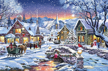 Sleigh Ride to The Church, tree, river, stars, church, snowman, sleigh, snow, christmas, sparkle, bridge, ride, water, twinkle, cardinal HD wallpaper