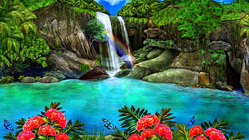 ★The Secret Lagoon★, tropical, colors, butterflies, scenery, animals, trees, butterfly designs, attractions in dreams, forests, paintings, beautiful, lagoon, rainbows, secret, creative pre-made, summer, love four seasons, lakes, landscapes, nature, flowers, lovely HD wallpaper