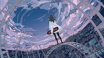 Skyline Anime Girl Skateboard , anime-girl, anime, artist, artwork, digital-art HD wallpaper