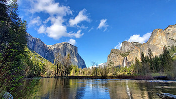 Breathe in the air, Yosemite National Park, California, river, fall, clouds, trees, landscape, sky, rocks, usa, waterfall HD wallpaper