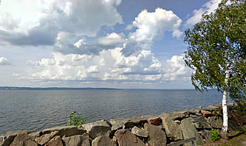 Lake Vattern, clouds, sky, fresh, water, rocks, lake, sweden, tree HD wallpaper