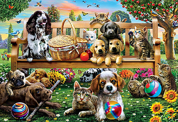 Meetup at the Park, pups, trees, garden, dogs, bench, kitten, art, basket, digital, apples, flowers HD wallpaper