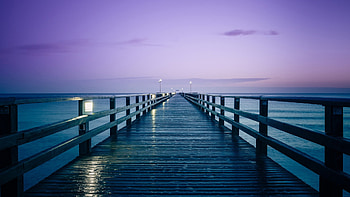 Germany, blue, sea, morning, pier, sunrise, baltic, purple, skie HD wallpaper