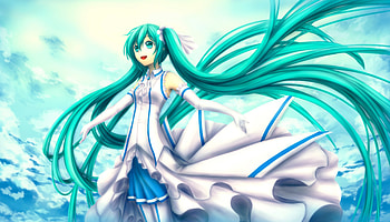 Hatsune Miku, ribbons, vocaloid, long hair, anime girl, dress green eyes, anime, twintails, green hair HD wallpaper
