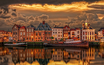 Port Of Maasslui, dutch cities, embankment, sunset, South Holland, Netherlands, Maasslui, Europe HD wallpaper