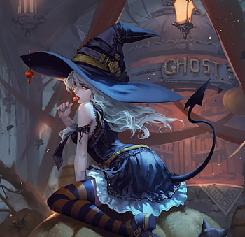 Witch, halloween, blue, antilous chao, fantasy, antilous, girl, hat HD wallpaper