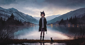 Cat Girl Lake Trees White Hoodie Mountains 10k, anime-girl, anime, artist, artwork, digital-art HD wallpaper