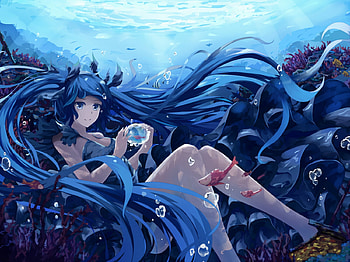 Hatsune Miku, sea, white crow, girl, vocaloid, summer, anime, underwater, bubble, manga HD wallpaper