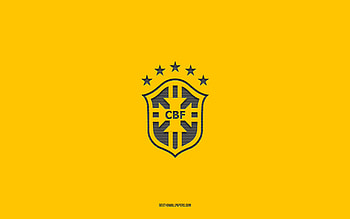 Brazil national football team, yellow background, football team, emblem, CONMEBOL, Brazil, football, Brazil national football team logo, South America HD wallpaper