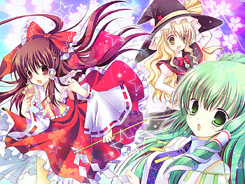 Touhou, reimu hakurei, gree, sanae kochiya, ribbons, long hair, dress, girls, blonde hair, hair, marisa kirisame, hat HD wallpaper