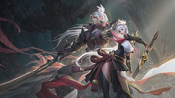 Fantasy Couple, black, long hair, lady, abstract, knights, couple, male, fantasy woman, female, man, beautiful, armor, woman, swords, fantasy, pretty, white hair HD wallpaper