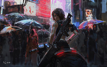 Neon Biker Girl Rain , neon, anime-girl, rain, anime, deviantart HD wallpaper