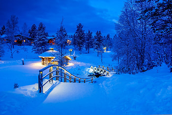 Winter night, Lights, Houses, Bridge, Snow HD wallpaper