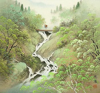 Koukei Kojima. The bridge over the stream, painting, art, green, bridge, nature, koukei kojima HD wallpaper
