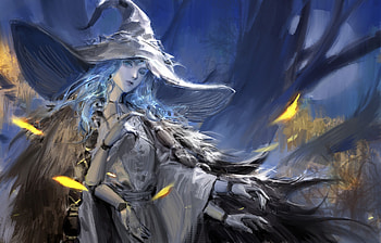 Ranni, blue, art, fantasy, yellow, yawei cao, hat, witch HD wallpaper