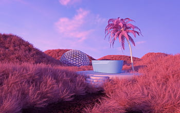 A surreal pink landscape featuring a futuristic tub and palm tree under a vibrant sky. HD wallpaper