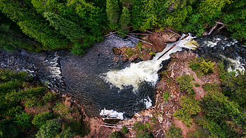 Bird's eye view of Upper Yaak Falls, Montana, trees, river, rocks, usa HD wallpaper