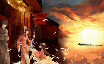 Asian Countries, japanese clothes, kimono, cute, kawai, instrument, anime, cool, girls, male, sunset, female HD wallpaper