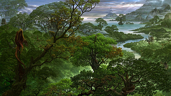 Fantasy Landscape, river, hills, treens, grass, mountain, artistic, fantasy, abstract, green, world, nature, sky, graphical design HD wallpaper