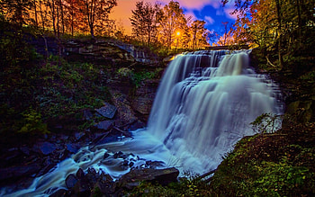 gorgeous waterfall r, foam, trees, waterfall, r, cliff, sunset HD wallpaper