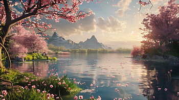 Springtime Bliss: Cherry Blossoms by the Lake, spring HD wallpaper