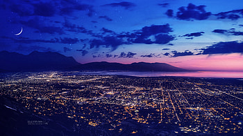 City Dreamscape Lights Night Moon Mountains, mountains, sky, moon, city, lights, nature HD wallpaper